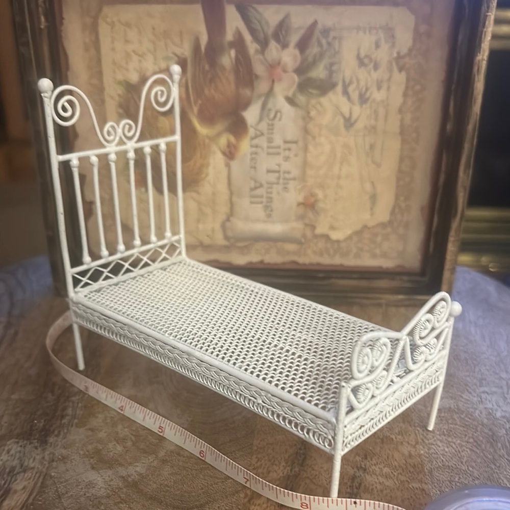 Intricate White Wicker Doll Bed